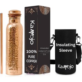 Kamojo Copper Water Bottle for Drinking - Hammered 100% Pure Copper Tumbler with Leak Proof Lid, Removable Insulating Sleeve & Straw - Handcrafted Ayurvedic Cup for Water 32 fl oz