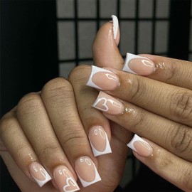 White French Tip Heart Shaped Press-On Nails Medium Square False Nails Cute Heart Shaped Shiny Nude Full Cover Nails Women Girls Nail Art Decoration 24pcs