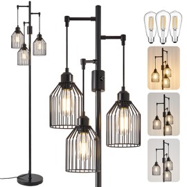 A1A9 Dimmable Floor Lamp for Living Room, Farmhouse Floor Lamps with Elegant Hanging Cage, 3 x LED Edison Bulbs Included, 68.5" Industrial Standing Light for Bedroom Office Home Decor (Black)