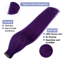 Purple Tape in Real Human Hair Extensions 16Inch Soft Silky Straight Deep Purple Glue in Remy Hair Tape on Extensions for Women 30grams 20pcs Seamless Skin Weft