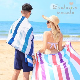 Exclusivo Mezcla Large Quick Dry Beach Towel, Microfiber Sandfree Cabana Stripe Pool Bath Swim Towel with Bag, Lightweight and Thin (Blue, 30x60 Inches)