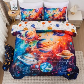 A Nice Night Galaxy Algebra Themed Full Bedding Set for Boys 6 Piece Bed-in-a-Bag with Comforter & Sheet Set, Machine Washable Kids Purple Bed Sets, Space Math Decor (Age 6-12)