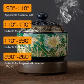 Enamel Ceramic Electric Incense Burner, Classical Incense Holder Chinese Lotus with Timer, Spoon, Plate, Tweezers for Home Decor, Yoga, SPA