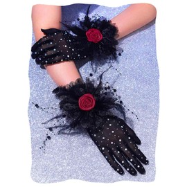 Campsis Lace Gloves Short Black Gloves Flora Rhinestone Glove for Women