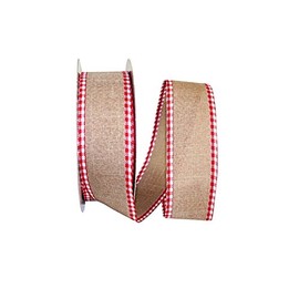 Linen Gingham Edge Check Wired Red and Tan Christmas Ribbon 2 1/2" - 50 Yards