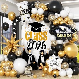 Graduation Balloon Arch Garland Kit 2026, Black Gold Confetti White Graduation Decorations with Foil Grad Cap Diploma Star Balloons for Congrats Class of 2026 Graduates Celebrations Party Decorations