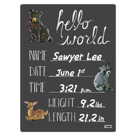Cohas Hello World Newborn Baby Announcement Chalkboard Sign with Mountain Animal Theme, 12 by 16 Inches, No Marker