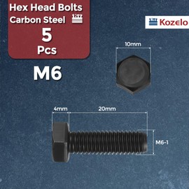 Kozelo 5 Pcs Hex Head Screws Bolts - [M6-1x20] Carbon Steel Grade 10.9 Fully Threaded Hex Tap Metric Hexagon Head Machine Bolts Left Hand External Hex Drive, Black