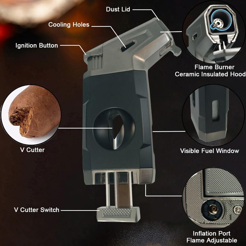 Butane Torch Lighter, Windproof Jet Flame Lighter with V-Cutter, Flame