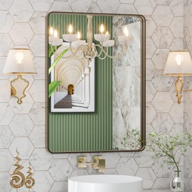LOAAO 28”X36” Bronze Bathroom Mirrors for Vanity, Rounded Rectangle Brushed Bronze Metal Frame Mirror, Anti-Rust, Hangs Horizontally or Vertically
