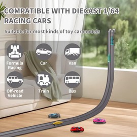 Dikopubby Flex Track Race Set for Kids, 15FT Starter Set Car Track with 4 Suction Cups and 6 Different 1/64th Cars - STEM Racing Toy for Boys & Girls Ages 3+ (Grey)
