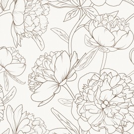 VEELIKE Vintage Peony Wallpaper Peel and Stick Sketch Floral Wallpaper Prepasted Removable Floral Wall Mural for Bedroom Bathroom 17.7''x354'' Beige Floral Wallpaper Adhesive Contact Paper for Walls