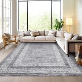 Modern Area Rug 6x9 Washable Rug for Living Rooms, Geometric Bordered Printed Carpet, Soft Washable Floor Covering, Low Pile Thin Foldable Mat for Bedroom Nursery, Grey