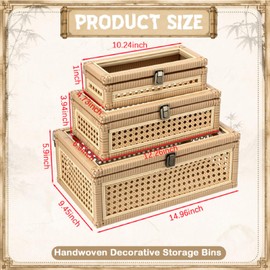 Yalikop 3 Pcs Large Rattan Display Box with Glass Lid Set, Handwoven Boho Rectangular Storage Box, Memory Wicker Jewelry Boxes, Natural Decorative Bin, Multipurpose Shelf Baskets for Home Organization