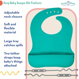 BUSY BABY - Silicone Baby Bib & Bungees, 1-Stop-Drop Travel Bib, 2-Silicone Bungees that Easily Attach to Bib & Keep Things Off the Floor (Spearmint)