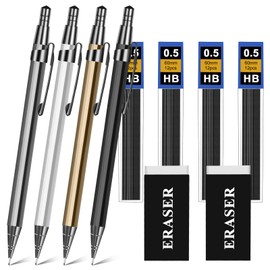 OFFCUP Metal Mechanical Pencils Set, 4Pcs Propelling Drafting Pencil, 0.5mm Automatic Pencil Artist Drafting Clutch Pencil With 4 Tube Lead Refills 2 Erasers Case for School Writing, Drawing