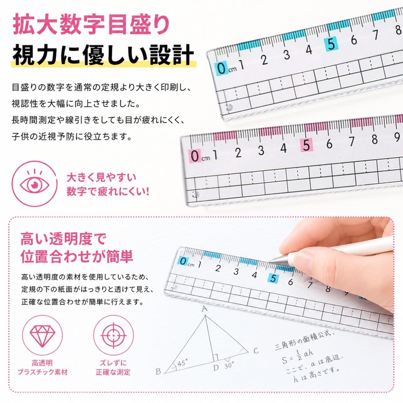 MircTuDou 定規 15cm 2 本セット 小学生 中学生 男女通用 方眼目盛り 波線エッジ