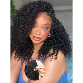 Domiso Curly V Part Wigs Human Hair Drawstring Kinky Curly V Part Wigs No Sew in No Glue All Size Fit 180% Density Natural Color 16 Inch