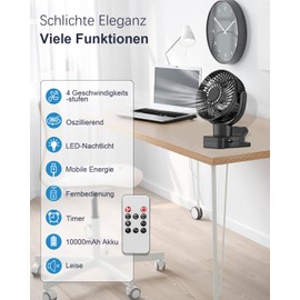360° Oszillierend Clip Ventilator mit Fernbedienung - 10000mAh Akku USB Tischventilator Tragbarer - Timer-Funktion & 4 Stufen Leise Camping Klemmventilatoren - LED Licht Mini Fan 75 Stunden, Ø17.5cm