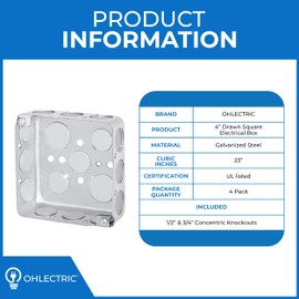 OHLECTRIC 4” Drawn Square Electrical Box| 1-1/2" Deep Box with 1/2” Knockouts Made from Galvanized Steel, Fire Rated | Ideal for Lighting Fixtures, Switches and Receptacles (4-Pack), OL-82788