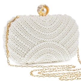 Xuhal Pearl Clutch Purse Women Evening Bag Beaded Handbag Artificial Pearl Bride Purse with Chain for Wedding 1920s Party, Strap Type Popup Closed