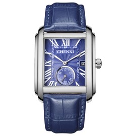 OIDEA Square Leather Men's Watch: Fashion Analog Quartz Wrist Watches for Men Silver Case Blue Face Waterproof Date Business Casual Dress Wristwatch