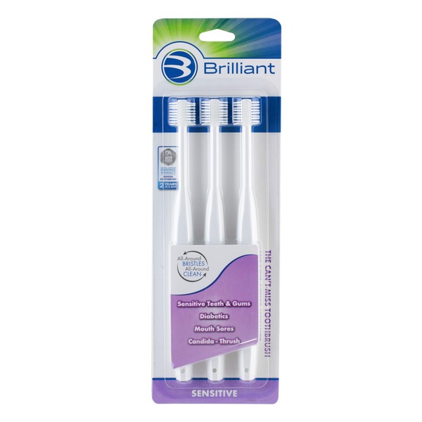 Brilliant Sensitive Toothbrush by Hartfelt – Great for Diabetics, Seniors, and those with Dry Mouth, White, 3 Count