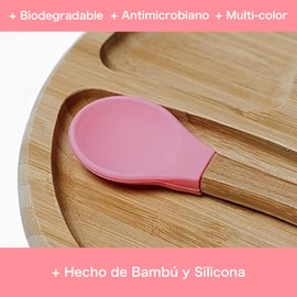 Ecowood® Plato Extendido de Bambú con Divisiones para Bebe y Niño - Con Base de Silicona Succión Adherente y Antiderrapante (Rosa)