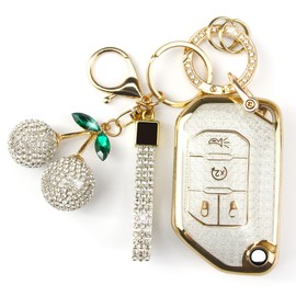 Rayslesan Sparkly Key Fob Cover with Cherry Keychain, Bling TPU Smart Key Case for Women, Compatible with Jeep Wrangler JL JLU Sahara JLU Rubicon Gladiator JT (4-Button, Gold White)