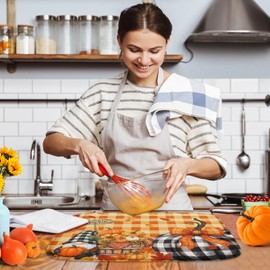 Sanwarm Fall Orange Pumpkin Gnome Absorbent Dish Drying Mat,Autumn Buffalo Plaid Harvest Leaves Microfiber Pad for Kitchen Counter, Coffee Bar Decor, Heat Resistant and Reversible,16" x 18"