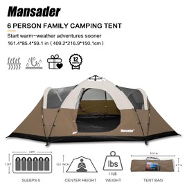 6 Person Family Camping Tent,Waterproof Windproof with Top Rainfly,Easy Set Up,Pop Up Tent for Outdoor Camping Hiking Travel (Brown)