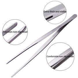 HINMAY Long Food Tong 10-inches Straight Tweezers Tongs with Precision Serrated Tips - Premium Stainless Steel Tweezers for BBQ Grilling Cooking Roasting and Serving