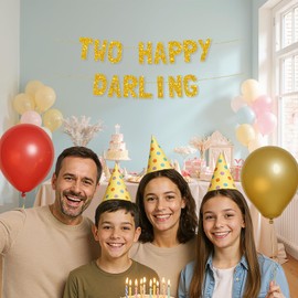 Meowoo Fun Twins Birthday Decor, Sparkling 7.7" Gold Glitter Letters, Set & Forget Design for Two Happy Darling Party Celebration, Easy Assembly Supplies for Kids