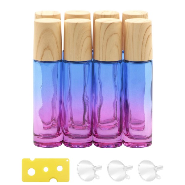 Newzoll 8Pcs 10ml (1/3oz) Glass Roll on Bottles Blue Purple Gradient Roller Bottles Vials Container for Essential Oils Perfume Lip Balms