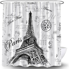 Eiffel Tower Shower Curtain Retro Hand-Painted Postmar Seal France Romantic European Paris City Architectural Cultural Decor Bathroom Curtain Set with Hook