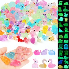 150Pcs Luminous Mini Resin Animals Mini Figures to Hide Mini Ducks and Animals Glow in The Dark for Miniature Fairy Garden Accessories Micro Landscape Aquarium Potted Decoration and Dollhouse Decor