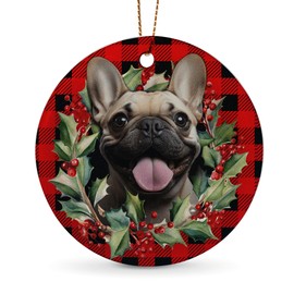 Vcmaluco French Bulldog Ornaments, 1Pcs Ceramic Christmas Ornaments, Red, Christmas Tree Hanging Decor