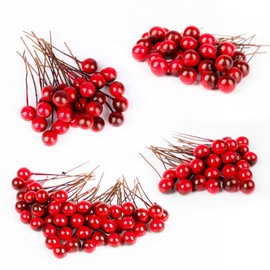 DIYASY 240 Pcs Artificial Holly Berries, Mini 10 mm Christmas Fake Berries with Wire Stems Xmas Red Berry Stems Picks for Christmas Tree Decorations Wreath Craft Wedding Party Decor