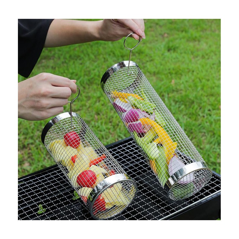 2 PCS Rolling Grill Baskets, 304 Stainless Steel Rolling Grilling