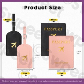 Swpeet 4Pcs Black and Pink PU Leather Passport Cover Holder and Luggage Tag Set, 2 Passport Covers 2 Luggage Tags, Passport Holder Travel Suitcase Tag, Passport Covers and Organizer for Couple Travel