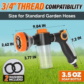 Car Wash High Pressure Garden Hose Nozzle with Soap Dispenser – Heavy Duty Soap Sprayer Hose Attachment for Pet Bathing & Lawn Watering, 8 Spray Patterns, 3.5 Oz Capacity, Ergonomic Grip