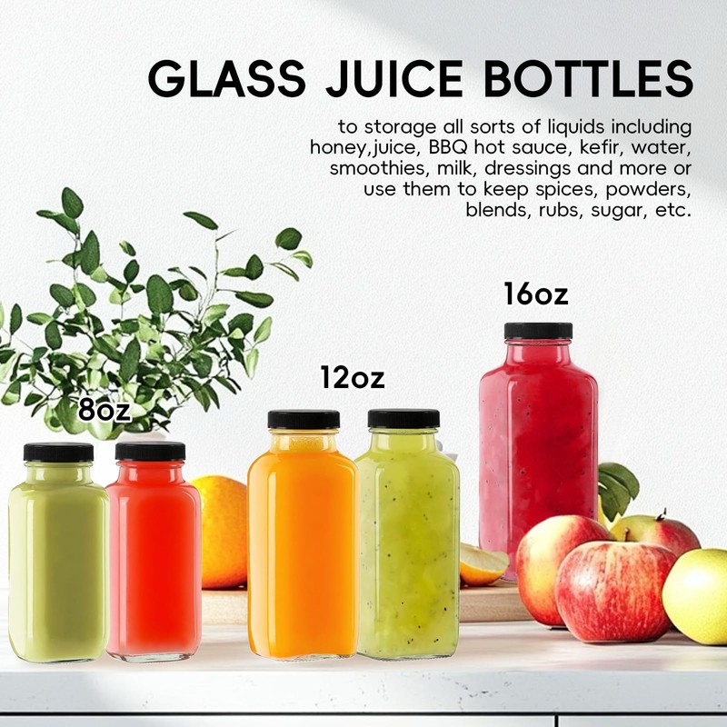 Yokodaza 8 oz Glass Juice Bottles with Lids 6-Pack -