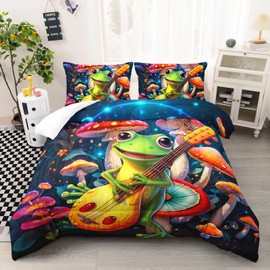 Ntlfup Cute Frog Guitar Comforter Set Twin Size, Botanica Mushroom 3 Piece Bedding Set for Kids, Cartoon Comforter for Room Decor