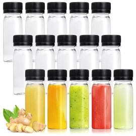 Xuyyicao 30 Pcs 2 Oz Small Plastic Bottles for Liquids,Ginger Shot Bottle with Lids,Reusable Bulk Beverage Containers for Juice,Liquor,Potion,Wellness,DIY,Wedding,Party,Travel(Black Cap)