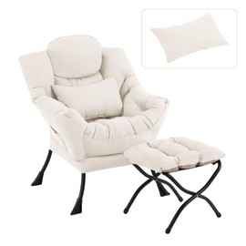DreamNook Lazy Chair with Ottoman, Modern Accent Chair with Lumbar Pillow, Comfy Chairs with Folding Footrest for Bedroom, Reading, Oversized Supportive Lounge Chairs(Velvet Beige)