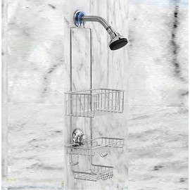 Gecko-Loc SHORT Length Hanging Bathroom Shower Caddy Organizer Over the Showerhead Hanger and Wall Mounted Suction Cup - Deep Storage Baskets for large shampoo bottles soap dish and Hooks (Silver)