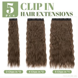 SEGO 60 cm Clip-In Extensions, 5-Piece Set, 17 Clips Like Real Hair, Hair Extensions, Wavy Curly, Good for Full Head, 250 g, Light Brown