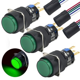 16MM Momentary Push Button Switch 12VDC LED Light Round Head 1NO 1NC SPDT ON Off 0.63" with Socket Plug Wire Waterproof IP65 Self-Reset 3Pcs K16-271 (Green, Momentary)