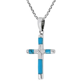 AeraVida Elegant X Cross Simulated Turquoise Inlay .925 Sterling Silver Pendant Necklace