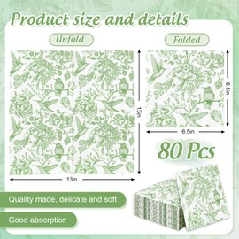 80Pcs Green Floral Paper Napkin Vintage Flower Bird Luncheon Napkin Disposable Dinner Napkin for Home Kitchen Tea Party Supplies